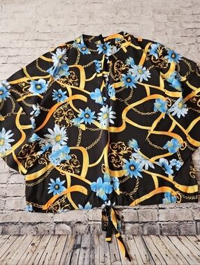Emily Stacy Black Floral-Chain Tie-Hem Blouse